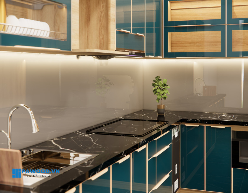thi công nội thất bếp cánh kính đặt theo yêu cầu
