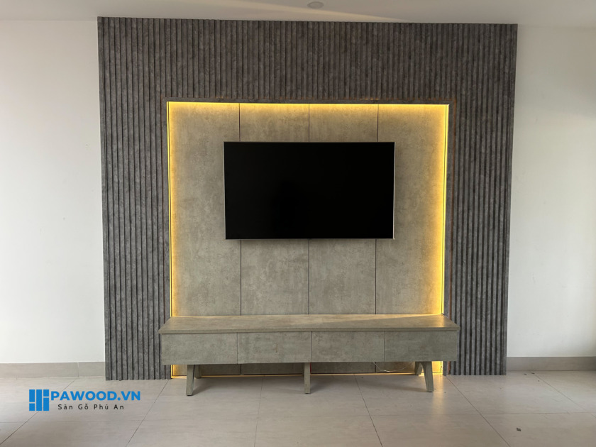 thiết kế vách TV đơn giản cùng tấm ốp An Cường